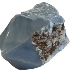 Natural rough angelite freeform with polished point 3 sians emporium Natural rough angelite freeform crystal with unpolished sides and a smooth polished blue point standing on a white background